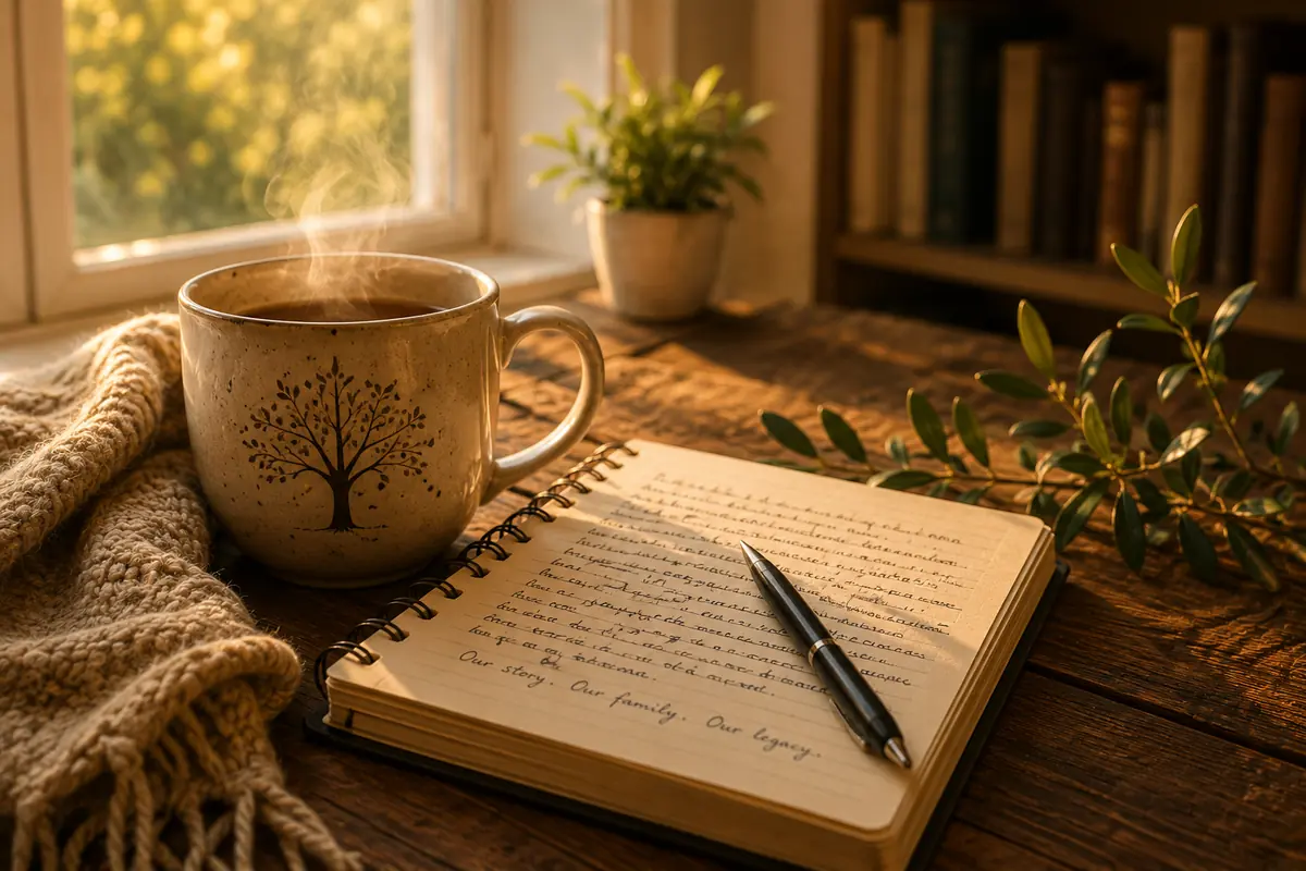 A steaming, tree-marked mug beside an open handwritten journal in warm window light
