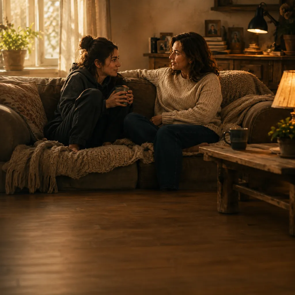 A mother and her grown daughter talking on the couch in warm evening light
