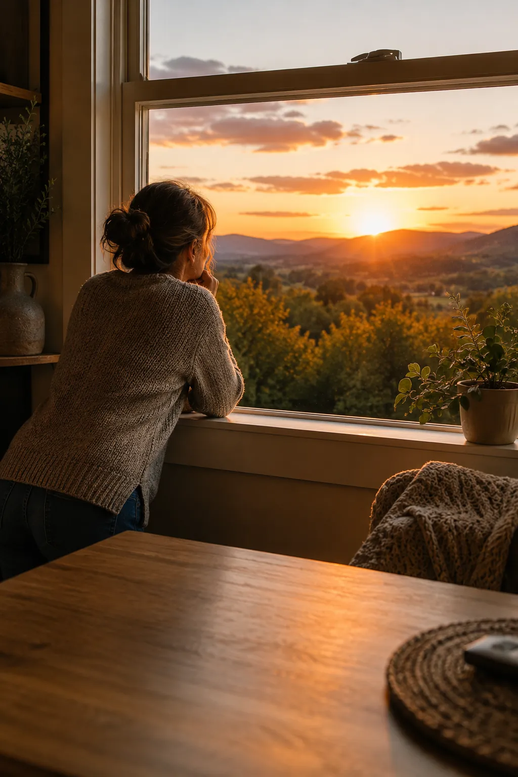 A woman at a window at sunset, looking out over a valley