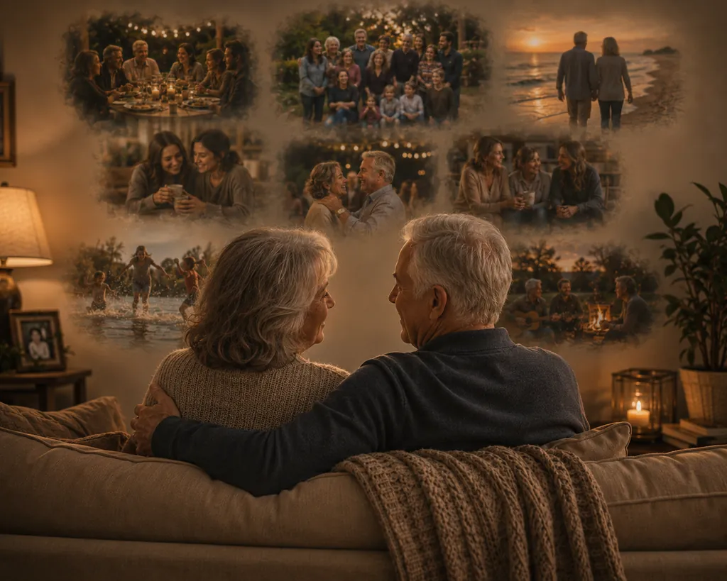 An older couple on the couch, watching a lifetime of family memories